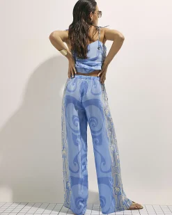 Blue Abstract Palm Print Wide Leg Trousers