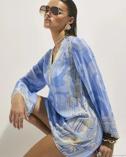 Blue Abstract Palm Print Beach Tunic