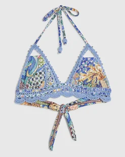 Blue Abstract Print Crochet Bikini Top