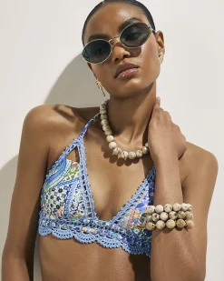 Blue Abstract Print Crochet Bikini Top