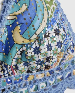 Blue Abstract Print Crochet Bikini Top