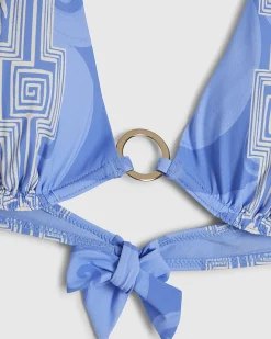 Blue Abstract Print Plunge Neck Bikini Top