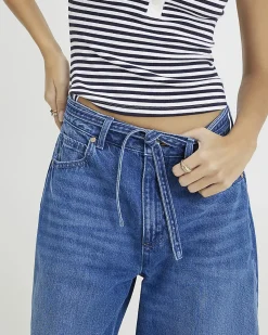 Blue Baggy Wide Leg Tie Waist Jeans