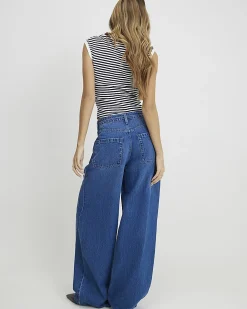 Blue Baggy Wide Leg Tie Waist Jeans