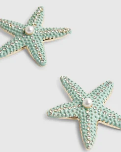 Blue Beaded Starfish Stud Earrings