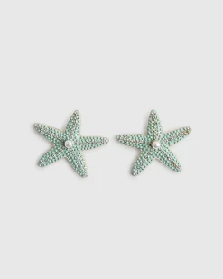 Blue Beaded Starfish Stud Earrings