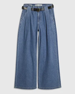 Blue Belted Pleated Wide Leg Jeans