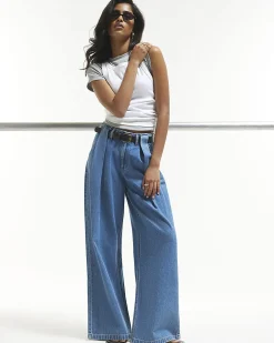 Blue Belted Pleated Wide Leg Jeans