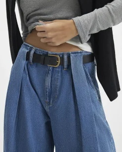 Blue Belted Pleated Wide Leg Jeans