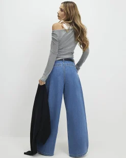 Blue Belted Pleated Wide Leg Jeans