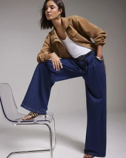 Blue Belted Pleated Wide Leg Jeans
