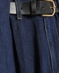 Blue Belted Pleated Wide Leg Jeans