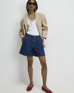 Blue Belted Tailored Denim Shorts