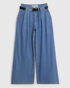 Blue Belted Wide Leg Pleated Jeans