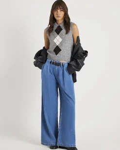Blue Belted Wide Leg Pleated Jeans