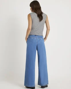 Blue Belted Wide Leg Pleated Jeans