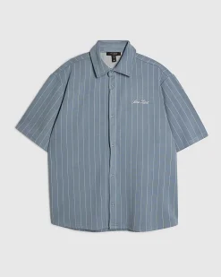 Blue Boxy Fit Stripe Short Sleeve Shirt