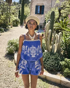 Blue Broderie Bubble Hem Shorts