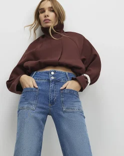 Blue Button Detail Pocket Front Flared Jeans