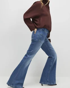 Blue Button Detail Pocket Front Flared Jeans