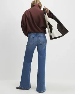 Blue Button Detail Pocket Front Flared Jeans