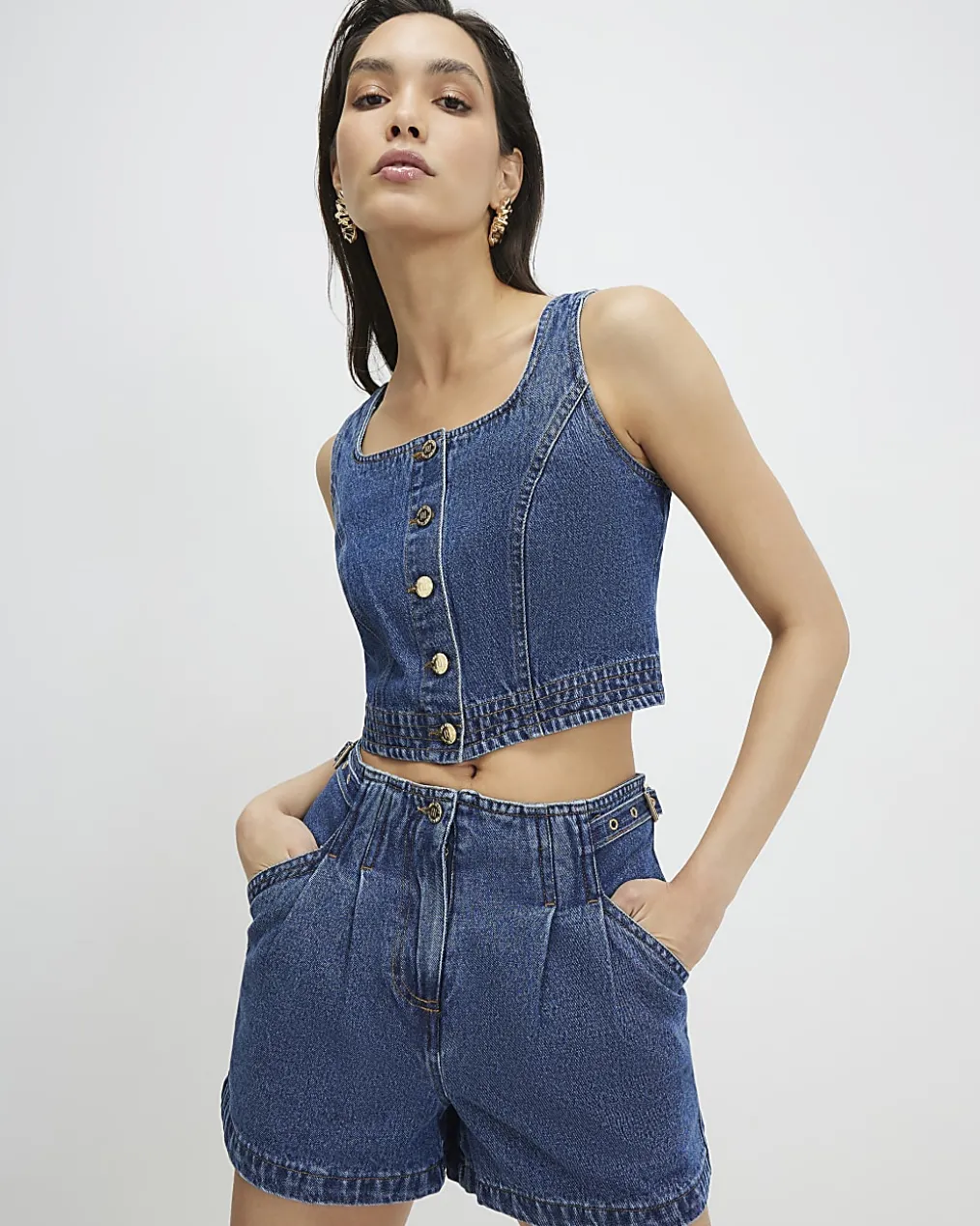 Blue Button Front Denim Top