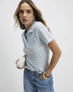 Blue Button Up Boucle Collared Top