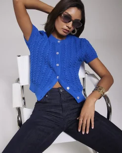 Blue Cable Knit Button Up Top