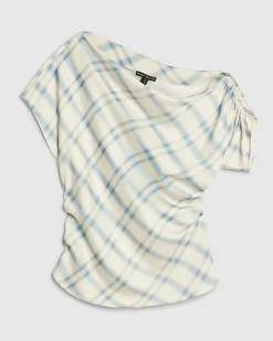 Blue Check Asymmetric Satin Top