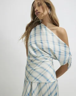 Blue Check Asymmetric Satin Top