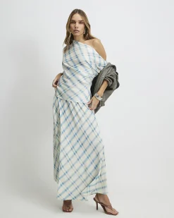 Blue Check Asymmetric Satin Top