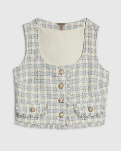 Blue Check Fringe Hem Boucle Waistcoat