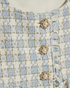 Blue Check Fringe Hem Boucle Waistcoat