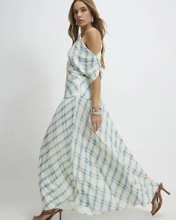 Blue Check Satin Maxi Skirt