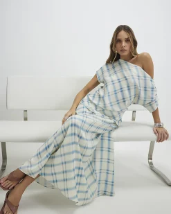 Blue Check Satin Maxi Skirt