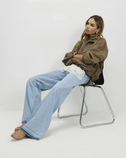 Blue Clean Waist Wide Leg Turn Down Hem Jeans