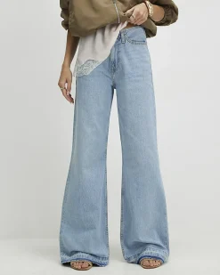 Blue Clean Waist Wide Leg Turn Down Hem Jeans