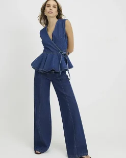 Blue Clean Waistband Wide Leg Jeans