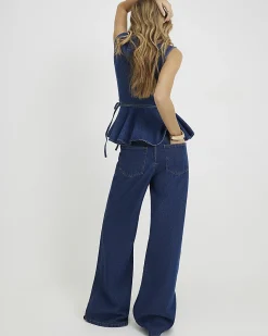 Blue Clean Waistband Wide Leg Jeans