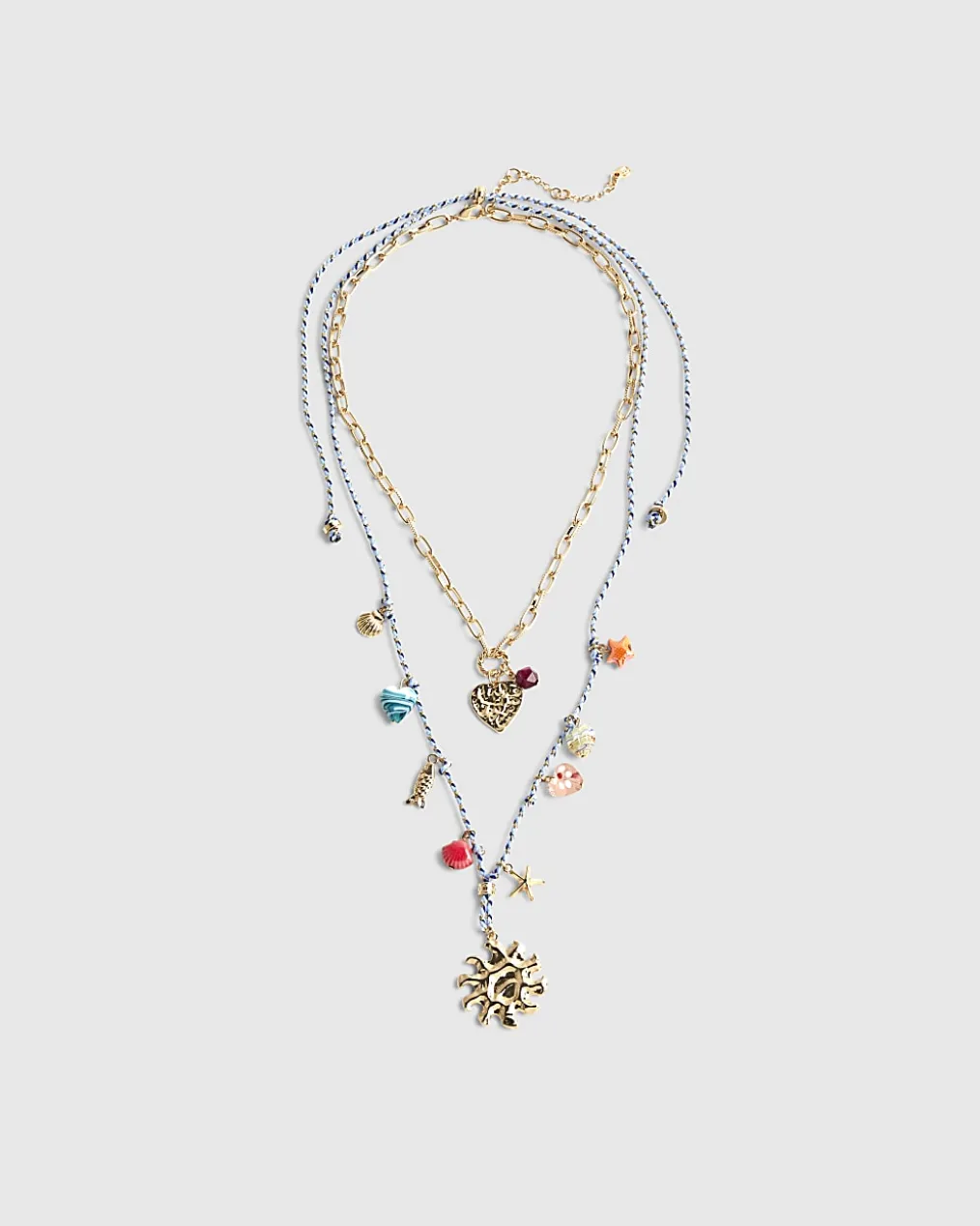 Blue Cord Charm Layered Necklace