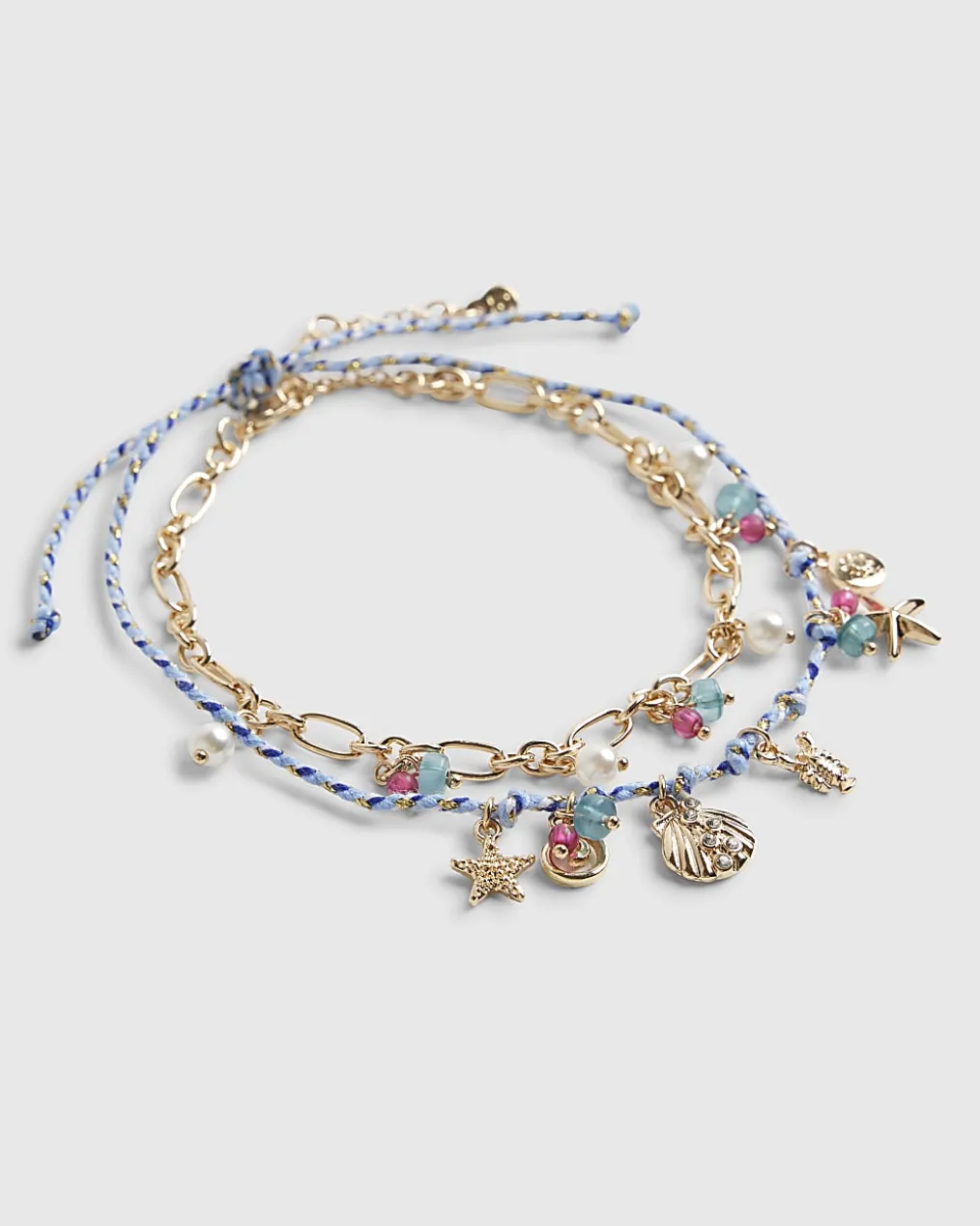 Blue Cord Layered Charm Anklet