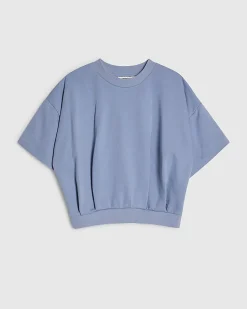 Blue Cotton Blend Bubble Sleeve Sweat T-shirt