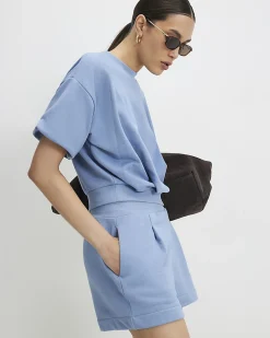 Blue Cotton Blend Bubble Sleeve Sweat T-shirt