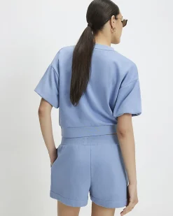 Blue Cotton Blend Bubble Sleeve Sweat T-shirt
