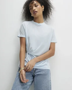 Blue Cotton Blend Burnout Twist Front T-shirt