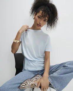 Blue Cotton Blend Burnout Twist Front T-shirt