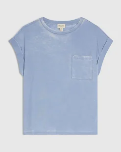 Blue Cotton Blend Burnout Pocket T-shirt