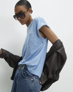 Blue Cotton Blend Burnout Pocket T-shirt