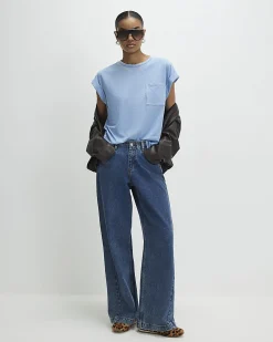 Blue Cotton Blend Burnout Pocket T-shirt