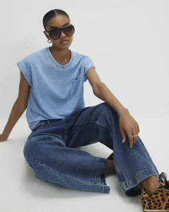 Blue Cotton Blend Burnout Pocket T-shirt